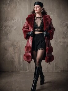 Anewsta Plus Size Women Thickened Fluffy Trimmed Fluffy Furry Plus Size Jacket Winter Fall Autumn - Burgundy - View 5