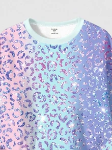 SHEIN Girlism 亮彩虹豹紋 少女休閒舒適軟綿寬鬆套頭衛衣與寬鬆長褲兩件套，適合秋季日常、時尚、運動、校園、音樂節、返校日，甜美女孩風，慵懶隨性 - 彩色 - 查看 5