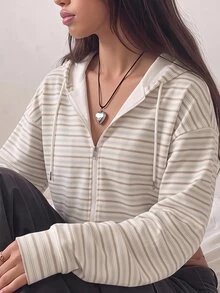 SHEIN EZwear 印花拉鍊運動衫，適合秋冬穿著，休閒簡約復古優雅，通勤百搭舒適，條紋印花圖案，適合海灘度假夏季穿著 - 彩色 - 查看 4