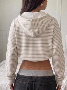 SHEIN EZwear 印花拉鍊運動衫，適合秋冬穿著，休閒簡約復古優雅，通勤百搭舒適，條紋印花圖案，適合海灘度假夏季穿著 - 彩色 - 查看 2