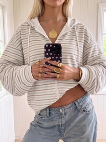SHEIN EZwear 印花拉鍊運動衫，適合秋冬穿著，休閒簡約復古優雅，通勤百搭舒適，條紋印花圖案，適合海灘度假夏季穿著 - 彩色 - 查看 6