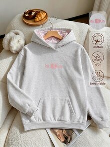 SHEIN 青少年女孩休閒可愛時尚白色花卉刺繡套頭衛衣，適合學校六年級，春、秋、冬穿著 - 灰色 - 查看 3