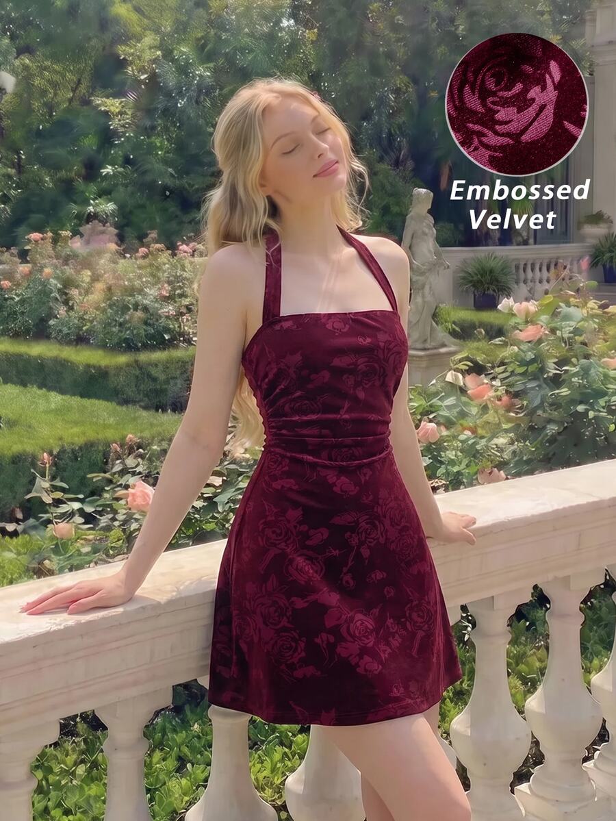SHEIN MOD Women's Elegant Jacquard Backless Halter Neck Short Dress - Burgundy - View 1