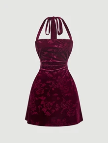 SHEIN MOD Women's Elegant Jacquard Backless Halter Neck Short Dress - Burgundy - View 2