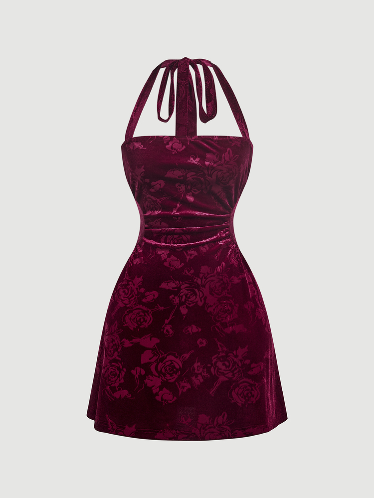 SHEIN MOD Women's Elegant Jacquard Backless Halter Neck Short Dress - Burgundy - View 2