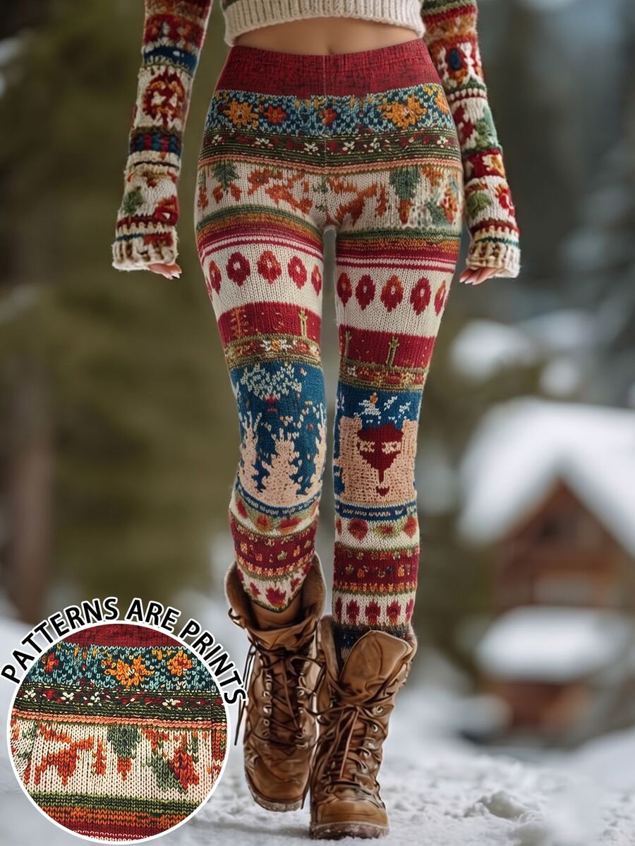 INAWLY Women's Christmas Falman Island Print Stretch Leggings, Christmas, Everyday, Bohemian - Multicolor - View 1