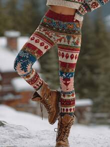 INAWLY Women's Christmas Falman Island Print Stretch Leggings, Christmas, Everyday, Bohemian - Multicolor - View 3