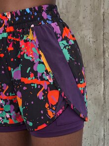 SHEIN Core Rhythm 女款 2 合 1 潑墨印花彈性腰休閒運動短褲 - 彩色 - 查看 4