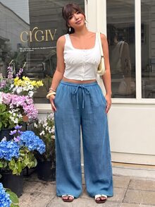 GalTyme Plus Size Women's Textured Fashion Vacation Drawstring Waist Tie Long Pants Fall - Sky Blue - View 3