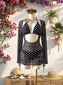 SHEIN Swim Plus Size 3 Pieces Women's Swimwear Set With Floral Accents, Solid Color Sexy Swimwear - Multicolor - View 3