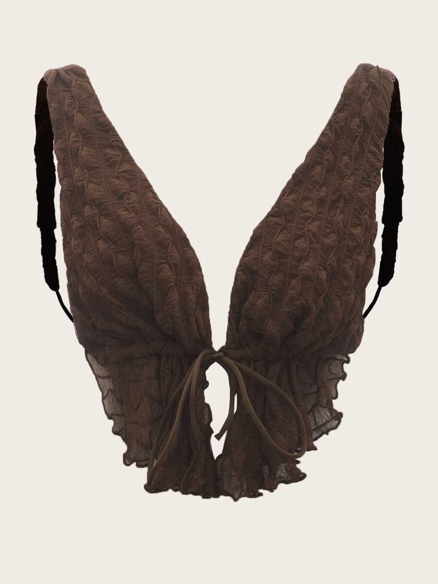 SHEIN ICON Tie Front Open Back Textured Tank Top - Chocolate Brown - View 1