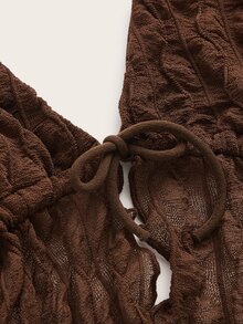 SHEIN ICON Tie Front Open Back Textured Tank Top - Chocolate Brown - View 4