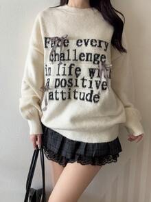 FRIFUL Women's Round Neck Loose Fit Contrast Color Letter Print Plaid Bow Ribbon Fuzzy Sweater Autumn School Date White Cute Casual - Beige - View 3