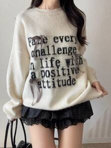FRIFUL Women's Round Neck Loose Fit Contrast Color Letter Print Plaid Bow Ribbon Fuzzy Sweater Autumn School Date White Cute Casual - Beige - View 6