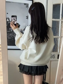 FRIFUL Women's Round Neck Loose Fit Contrast Color Letter Print Plaid Bow Ribbon Fuzzy Sweater Autumn School Date White Cute Casual - Beige - View 5