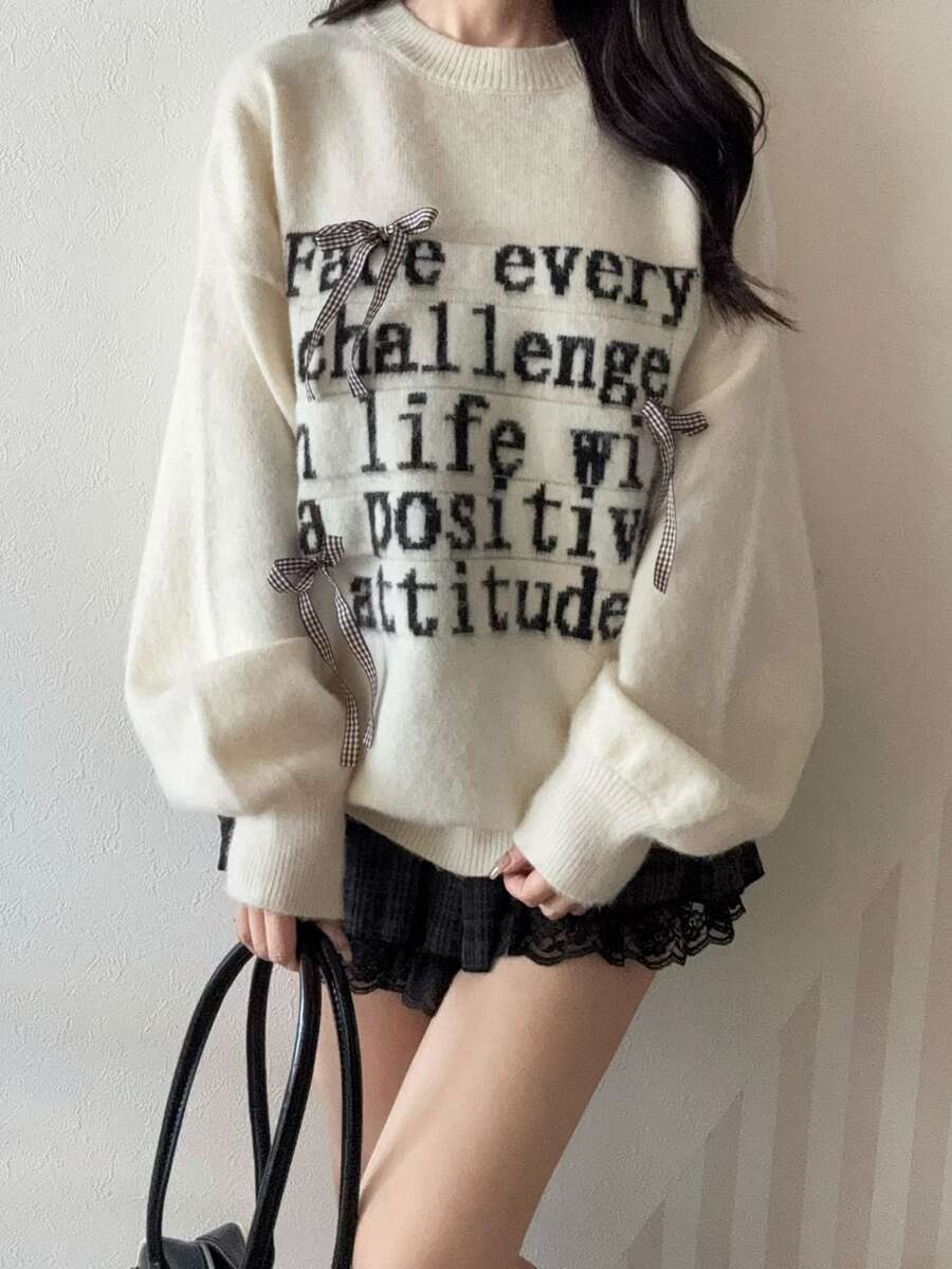 FRIFUL Women's Round Neck Loose Fit Contrast Color Letter Print Plaid Bow Ribbon Fuzzy Sweater Autumn School Date White Cute Casual - Beige - View 1
