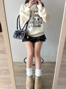 FRIFUL Women's Round Neck Loose Fit Contrast Color Letter Print Plaid Bow Ribbon Fuzzy Sweater Autumn School Date White Cute Casual - Beige - View 4