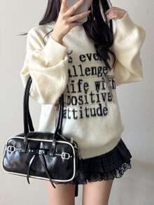 FRIFUL Women's Round Neck Loose Fit Contrast Color Letter Print Plaid Bow Ribbon Fuzzy Sweater Autumn School Date White Cute Casual - Beige - View 8