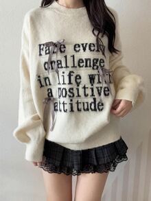 FRIFUL Women's Round Neck Loose Fit Contrast Color Letter Print Plaid Bow Ribbon Fuzzy Sweater Autumn School Date White Cute Casual - Beige - View 2