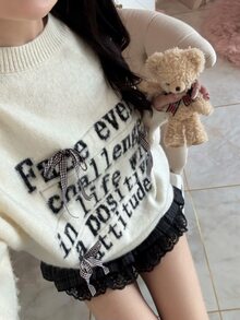 FRIFUL Women's Round Neck Loose Fit Contrast Color Letter Print Plaid Bow Ribbon Fuzzy Sweater Autumn School Date White Cute Casual - Beige - View 7