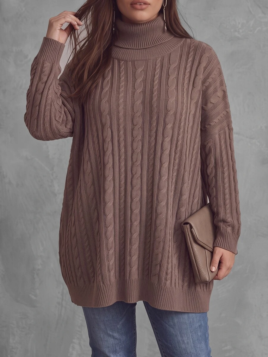SHEIN LUNE Plus Size Thick Solid Color High Neck Cable Knit Long Sleeve Loose Casual Mid-Length Sweater, Autumn/Winter - Khaki - View 1