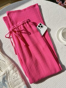 GalTyme Plus Size Casual Textured Pink Drawstring Waist Pants Beach Vacation Vacation Autumn Fall - Hot Pink - View 7
