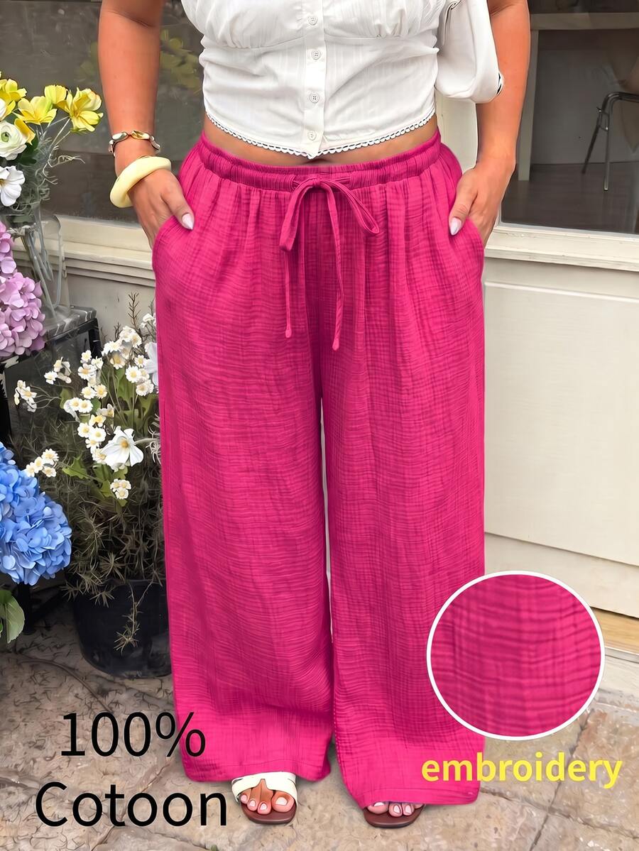 GalTyme Plus Size Casual Textured Pink Drawstring Waist Pants Beach Vacation Vacation Autumn Fall - Hot Pink - View 1