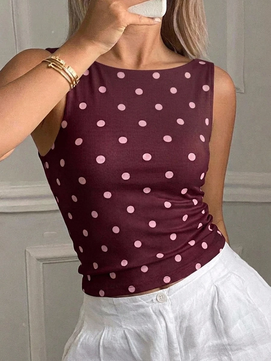 Livesso Polka Dot All-Over Print Cropped Sleeveless Tank Top Summer Outfit Women's Base Layer - Burgundy - View 1
