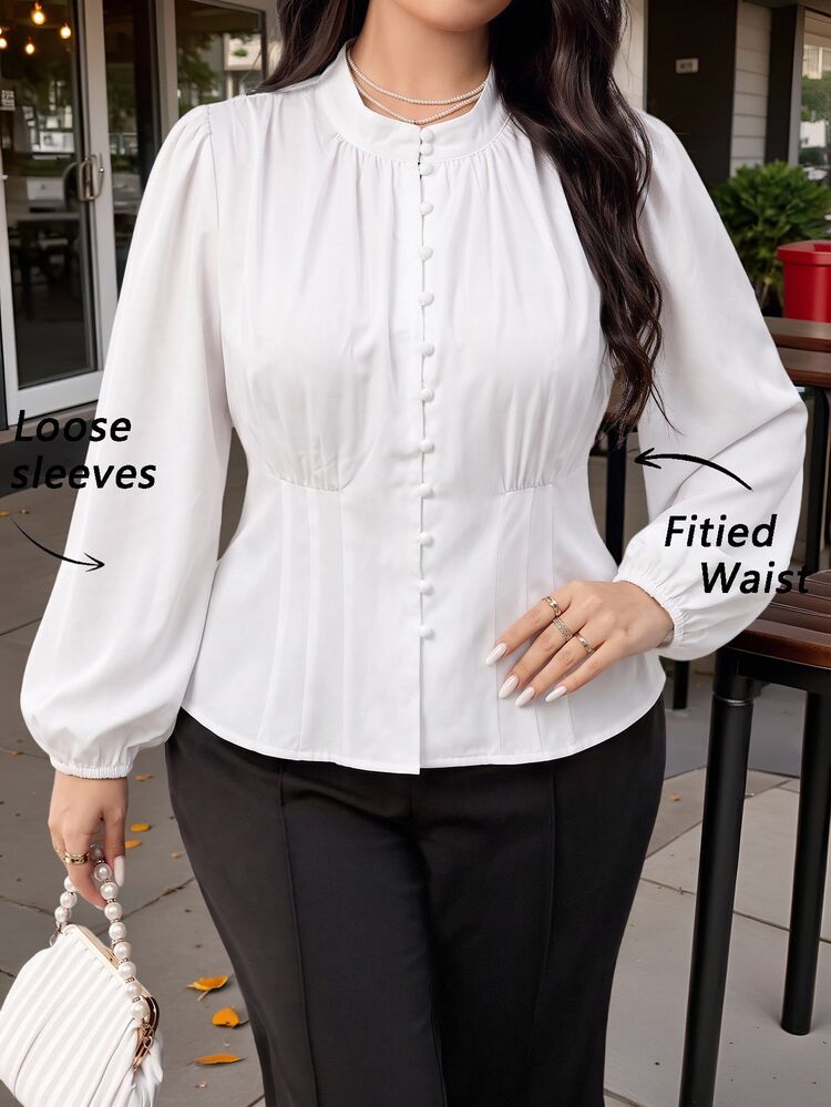 Modelyn Plus Size Elegant Vintage Victorian Blouse White Stand Collar Bishop Puff Sleeve Button Down Fitted Waist Spring Fall - White - View 1