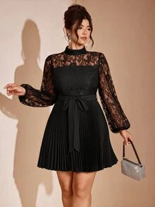 Cravure Women's Plus Size Spring Summer Autumn Elegant Wedding Evening Party Date Office Lace Pleated Lantern Sleeve Dress Fall - Black - View 6