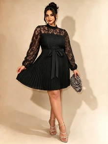 Cravure Women's Plus Size Spring Summer Autumn Elegant Wedding Evening Party Date Office Lace Pleated Lantern Sleeve Dress Fall - Black - View 2