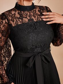 Cravure Women's Plus Size Spring Summer Autumn Elegant Wedding Evening Party Date Office Lace Pleated Lantern Sleeve Dress Fall - Black - View 5