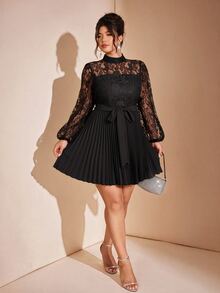 Cravure Women's Plus Size Spring Summer Autumn Elegant Wedding Evening Party Date Office Lace Pleated Lantern Sleeve Dress Fall - Black - View 3