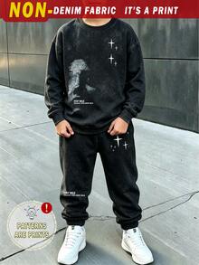 Tween Boys Denim Print Graphic Sweatshirt & Jogger Pants Set, Streetwear 2 Piece Outfit With Star Print, Letter Detail, Drop Shoulder Pullover And Ela - Multicolor - View 7