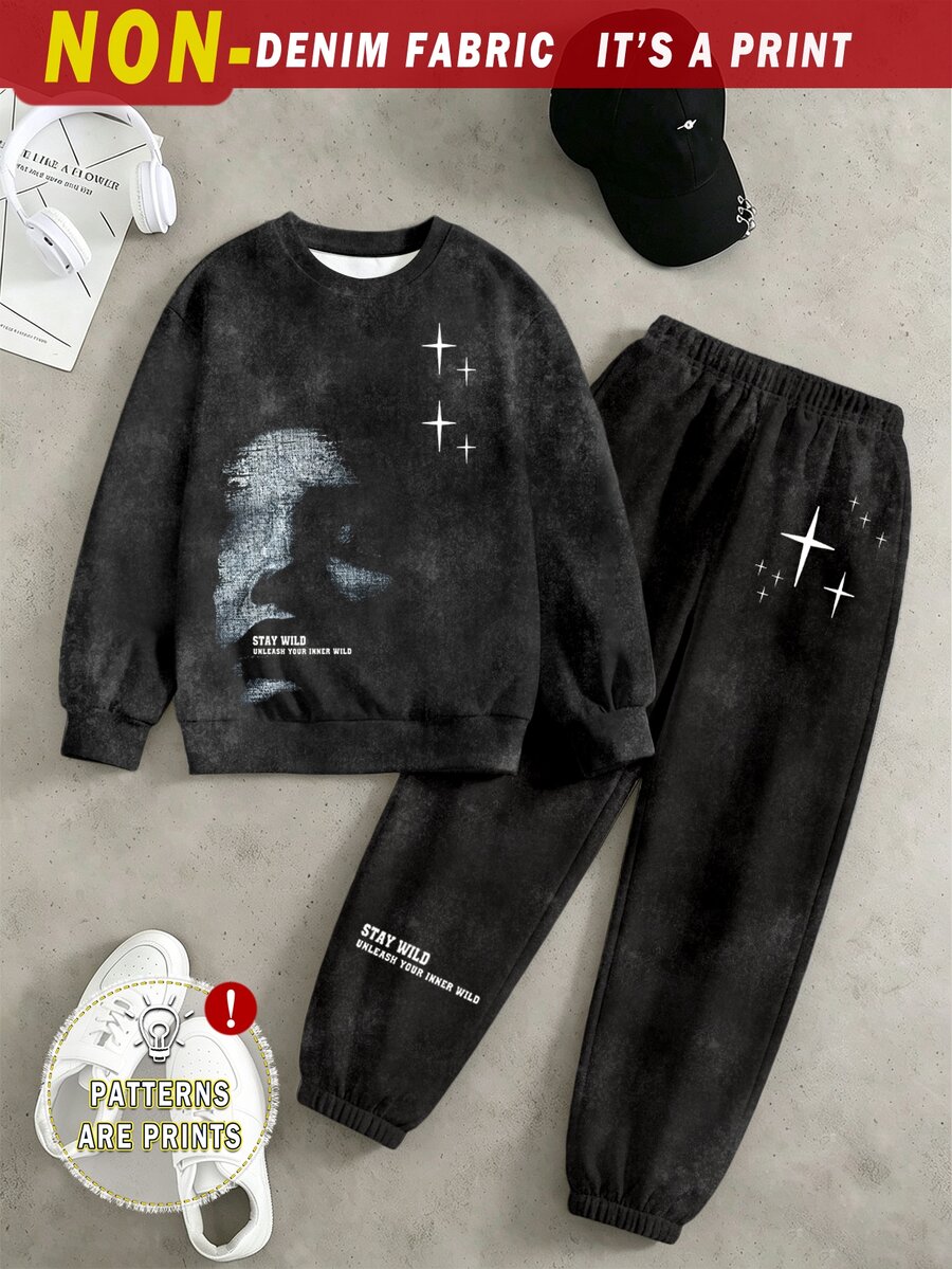 Tween Boys Denim Print Graphic Sweatshirt & Jogger Pants Set, Streetwear 2 Piece Outfit With Star Print, Letter Detail, Drop Shoulder Pullover And Ela - Multicolor - View 1