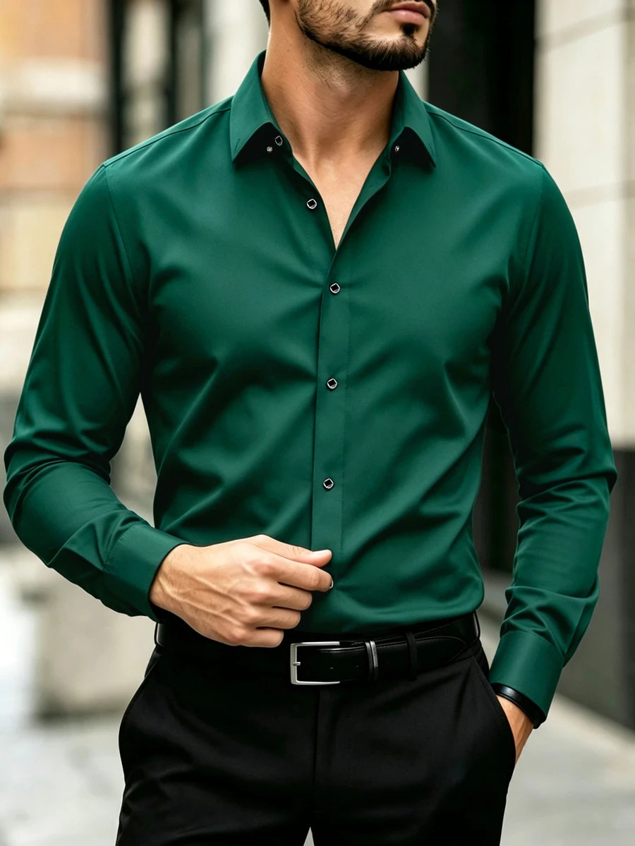 Manfinity Mode Men's Solid Long Sleeve Shirt, Formal, Old Money - Dark Green - View 1