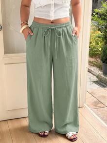 GalTyme Plus Size Women's Solid Color Drawstring Waist Casual Versatile Daily Wear Long Pants Fall - Green - View 4