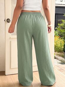 GalTyme Plus Size Women's Solid Color Drawstring Waist Casual Versatile Daily Wear Long Pants Fall - Green - View 2