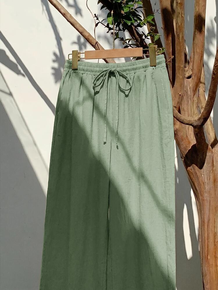 GalTyme Plus Size Women's Solid Color Drawstring Waist Casual Versatile Daily Wear Long Pants Fall - Green - View 7