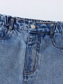 SHEIN Genkimix Kids 青少年女孩牛仔工裝寬腿褲，甜酷街頭風，休閒校園設計，秋季返校穿搭 - 中等水洗藍 - 查看 5