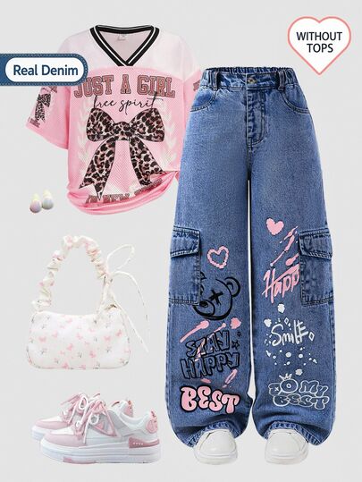 SHEIN Genkimix Kids Teen Girl Denim Cargo Wide Leg Pants, Sweet Cool Street Style, Casual College Design, Autumn Fall Back To School