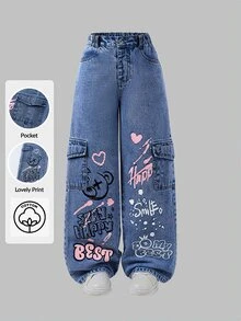 SHEIN Genkimix Kids 青少年女孩牛仔工裝寬腿褲，甜酷街頭風，休閒校園設計，秋季返校穿搭 - 中等水洗藍 - 查看 3