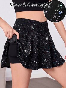 SHEIN 兒童青少年女孩休閒運動體操瑜伽亮面優雅高彈性銀箔街頭風運動裙 - 黑色 - 查看 3