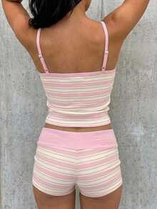 SHEIN EZwear Casual Minimalist Pink Striped Print Pattern Summer Contrast Trim Camisole Tank Top And Shorts Set - Multicolor - View 2