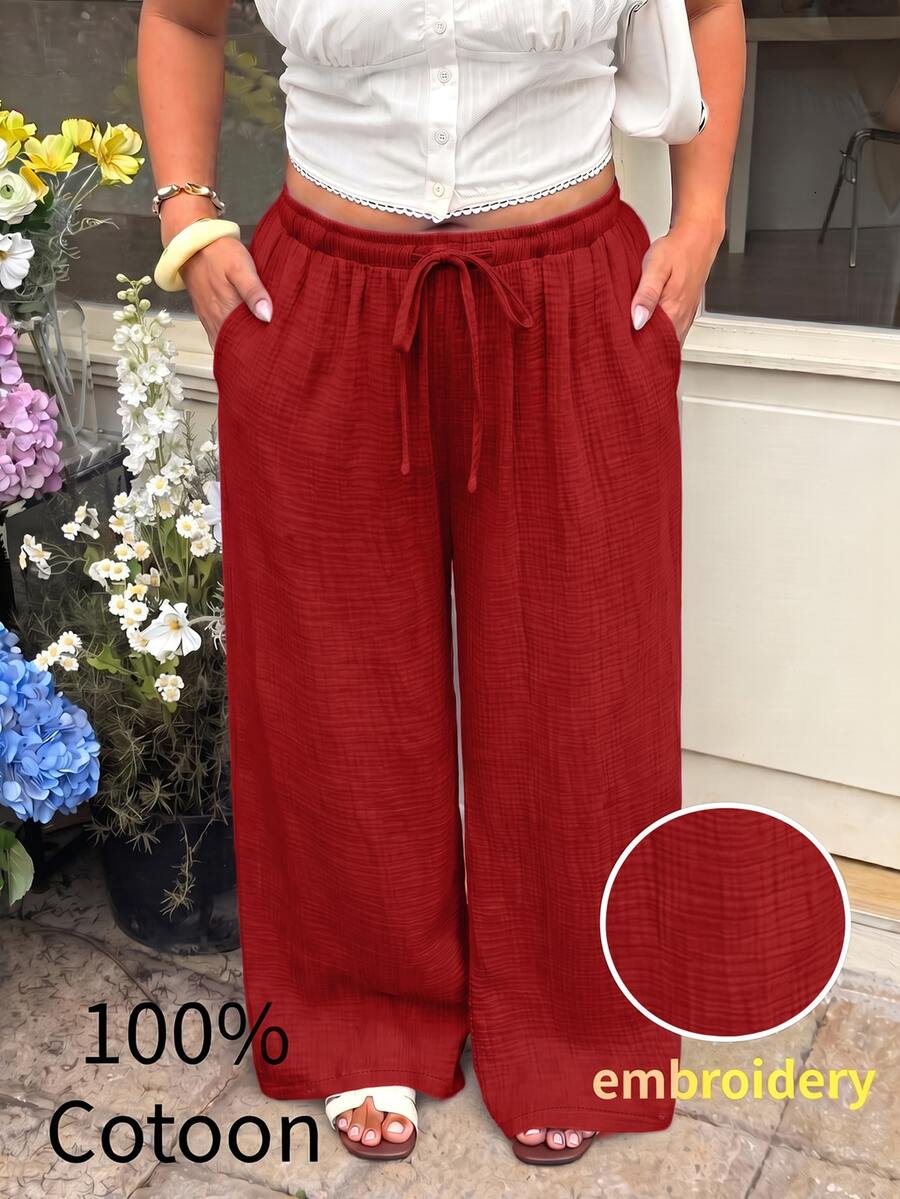 GalTyme Quần dài rộng eo dây rút kiểu casual chất liệu vân nổi cho nữ size lớn - Đỏ - Xem 1