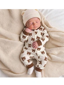 SHEIN Newborn Baby Bear Print Zipper Front Long Sleeve Romper Neutral - Khaki - View 1