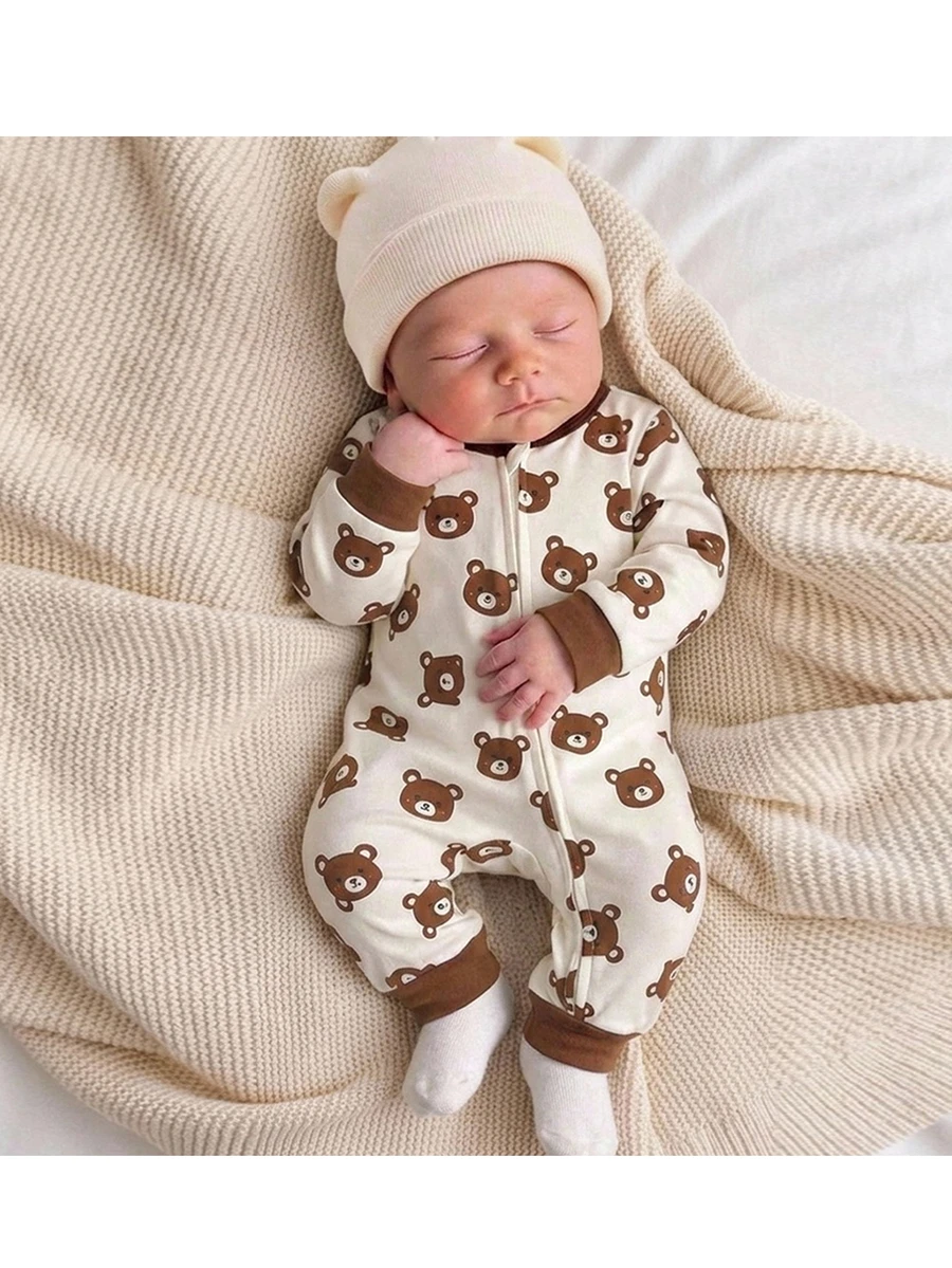 SHEIN Newborn Baby Bear Print Zipper Front Long Sleeve Romper Neutral - Khaki - View 1