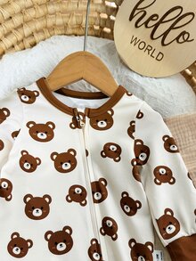 SHEIN Newborn Baby Bear Print Zipper Front Long Sleeve Romper Neutral - Khaki - View 6
