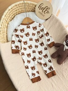 SHEIN Newborn Baby Bear Print Zipper Front Long Sleeve Romper Neutral - Khaki - View 3