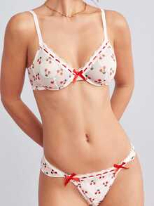 Elorette 2pcs Cherry Print Ribbon Lace Underwire Skin-Friendly Comfortable Contrast Color Lacetrim Bow Unlined Colorblock Non-Padded Romantic Pastoral Women's Lingerie Set - White - View 2